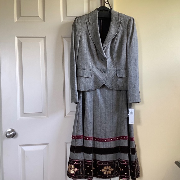 Context Vintage Suit Jacket/Skirt Twill Velvet Sequins Embroidered Gray SZ12P/10